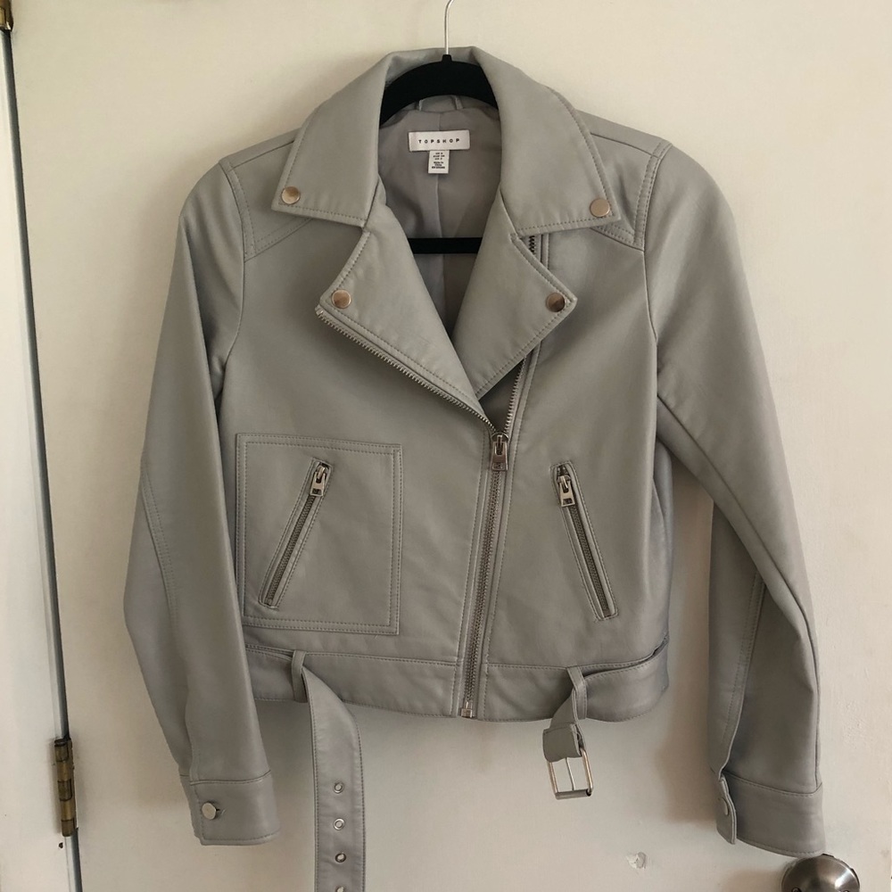 Topshop faux leather moto jacket, light grey